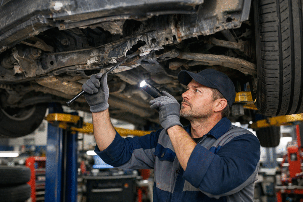 Auto body technician inspecting hidden structural damage after minor collision