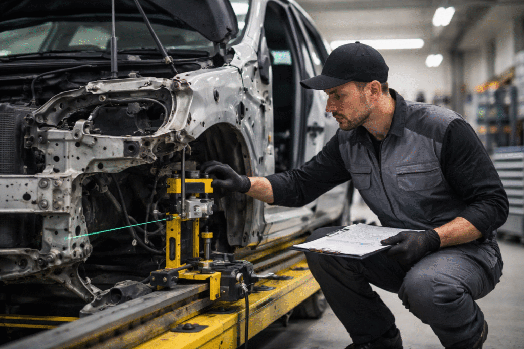 technician performing cosmetic vs structural repair on damaged car frame