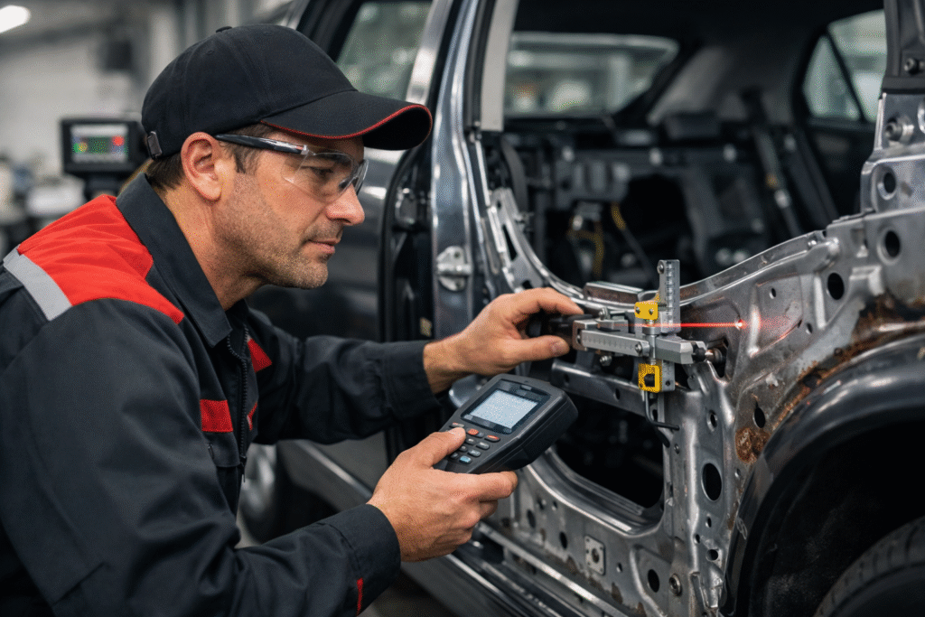 technician improving post-accident car safety through structural repair inspection