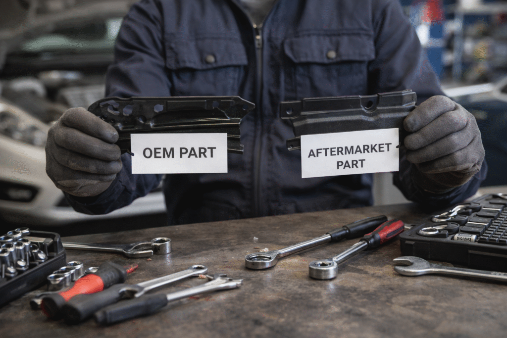 OEM vs aftermarket parts comparison on auto repair workbench