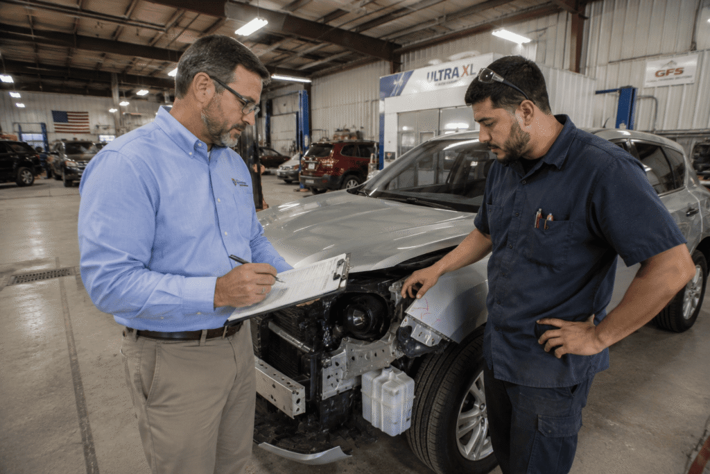 Auto body team reviewing insurance repair estimates for collision damage