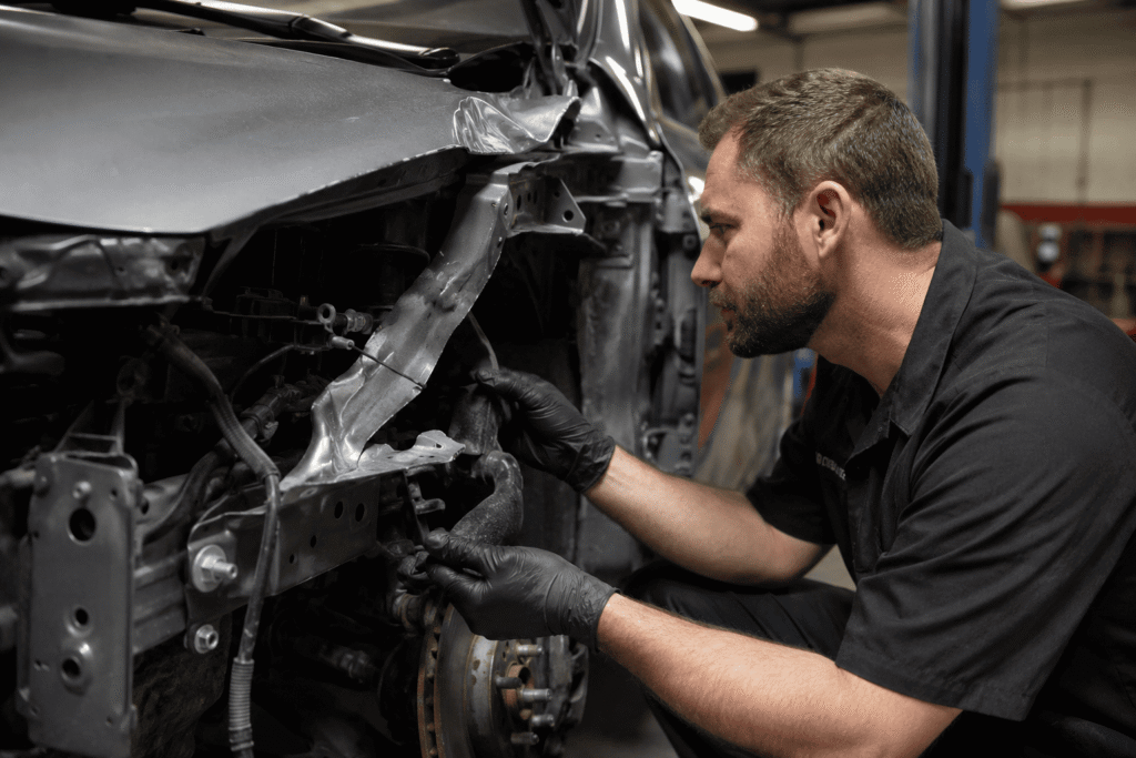 Technician comparing cosmetic vs structural repair on a damaged vehicle