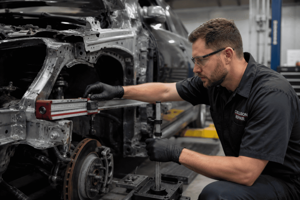 Technician inspecting a safer repaired vehicle after collision work