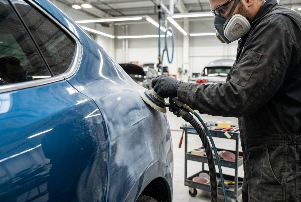 Professional automotive surface preparation before applying a new car paint finish