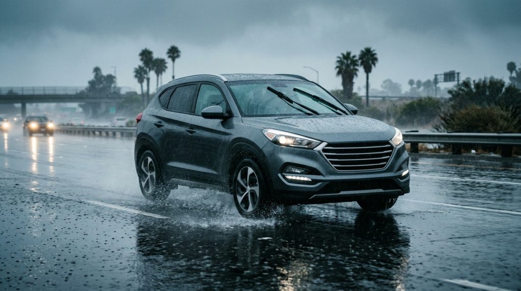 Storm-ready vehicle checklist showing windshield wipers clearing rain on a wet California road.